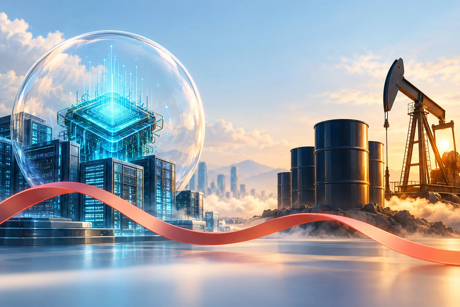 Glowing AI processor inside a glass sphere beside oil barrels and a pump, linked by a descending coral ribbon