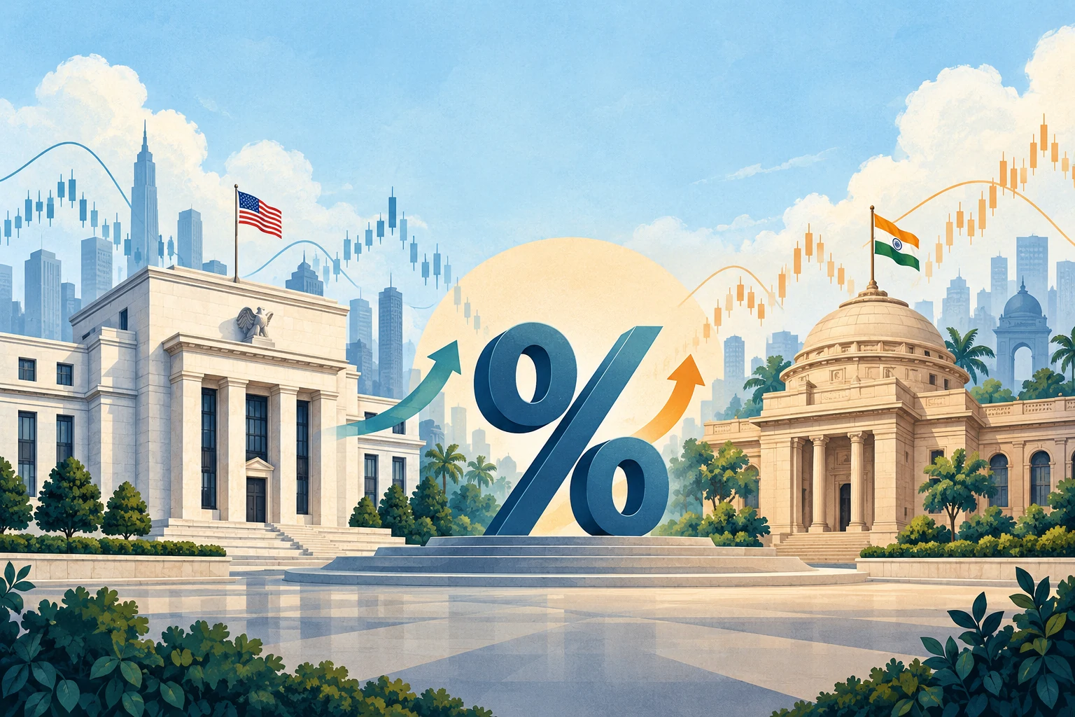 US and Indian central-bank-inspired buildings with a percentage symbol
