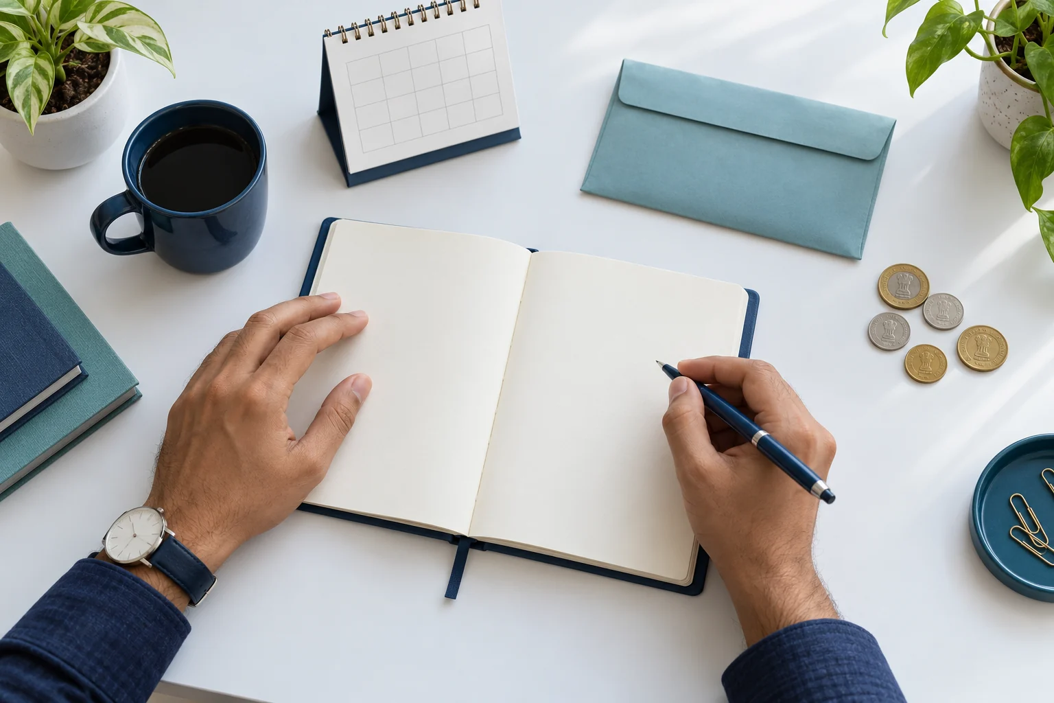 Hands reviewing a planner beside a calendar, savings envelope and rupee coins on a white desk