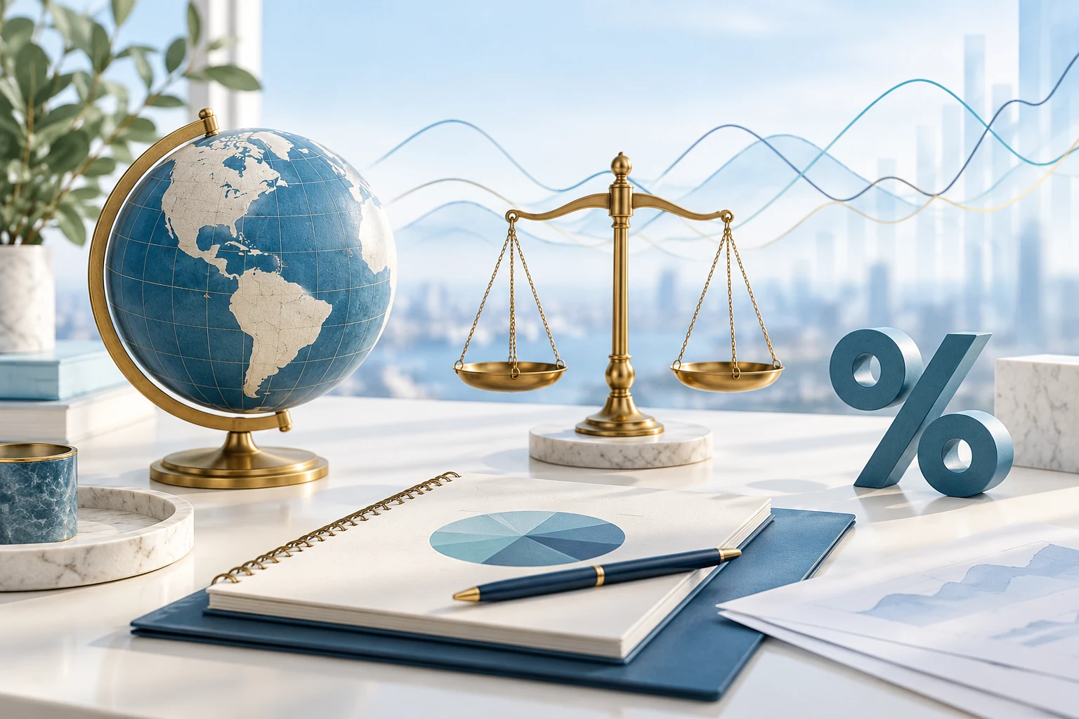 Globe, balanced scale, portfolio notebook and percentage symbol