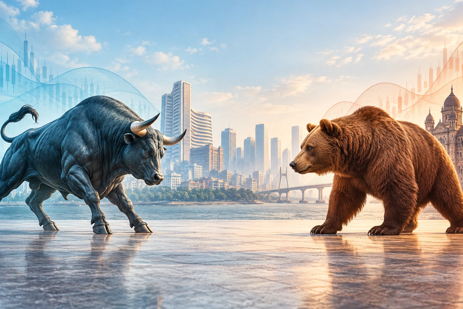 Bull and bear facing one another against an Indian financial-district skyline
