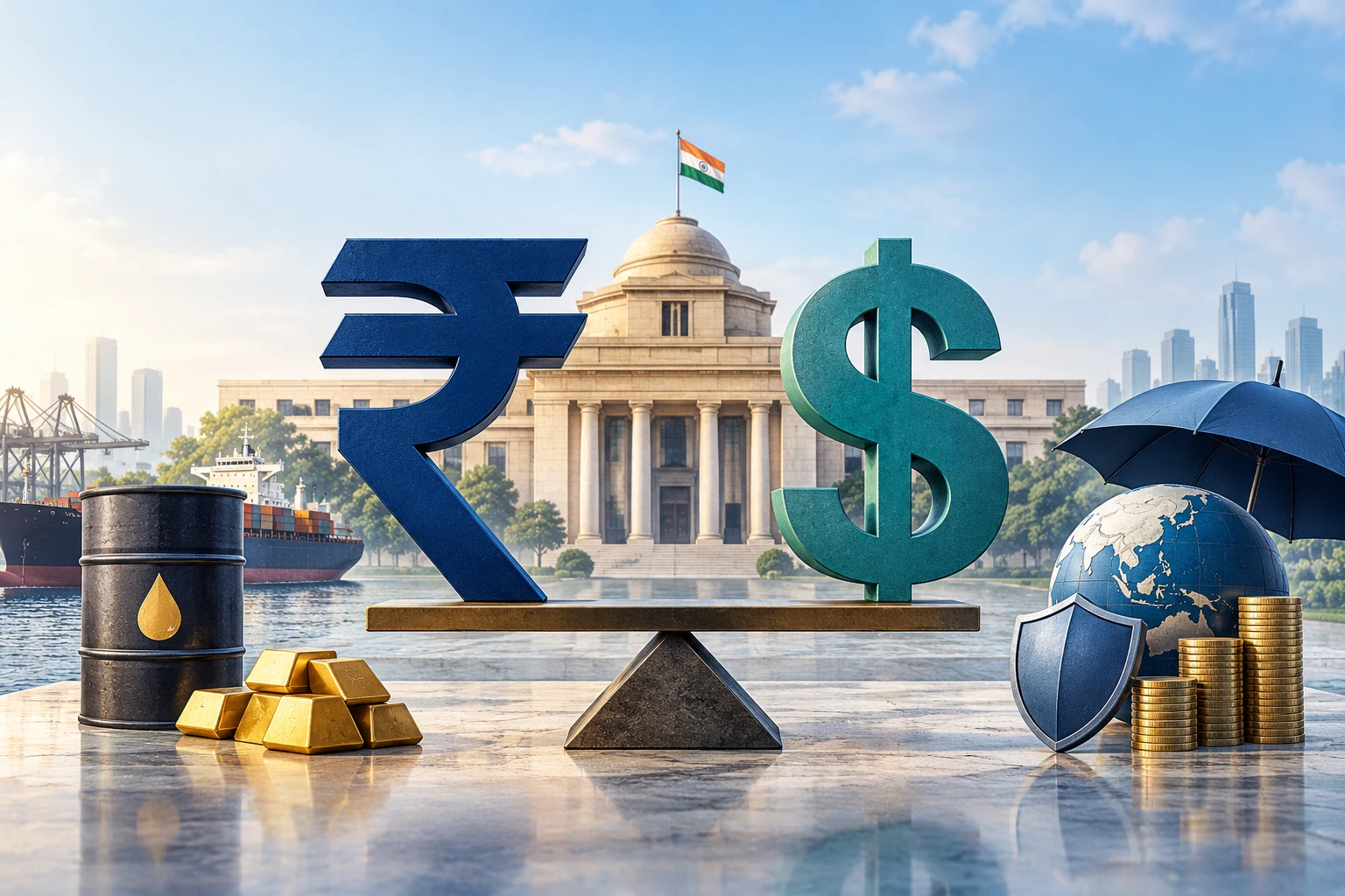 Rupee and dollar symbols with oil, gold and a bank-inspired building