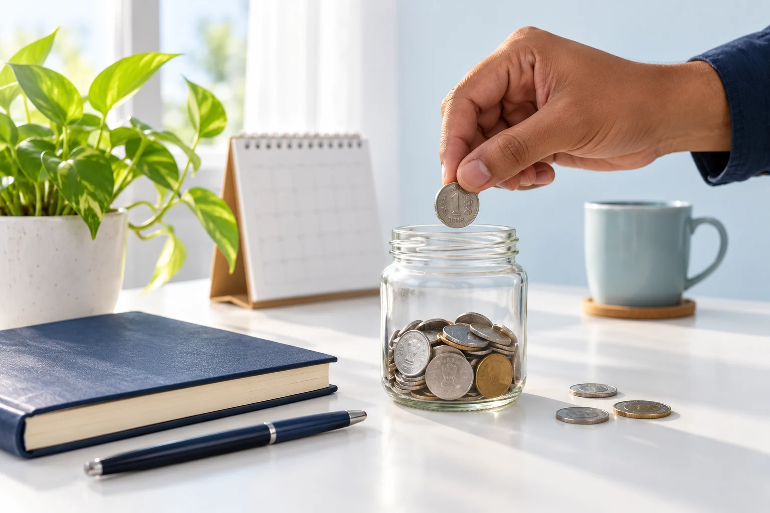 Hand placing a rupee coin into a glass savings jar beside a notebook, calendar and plant on a white desk