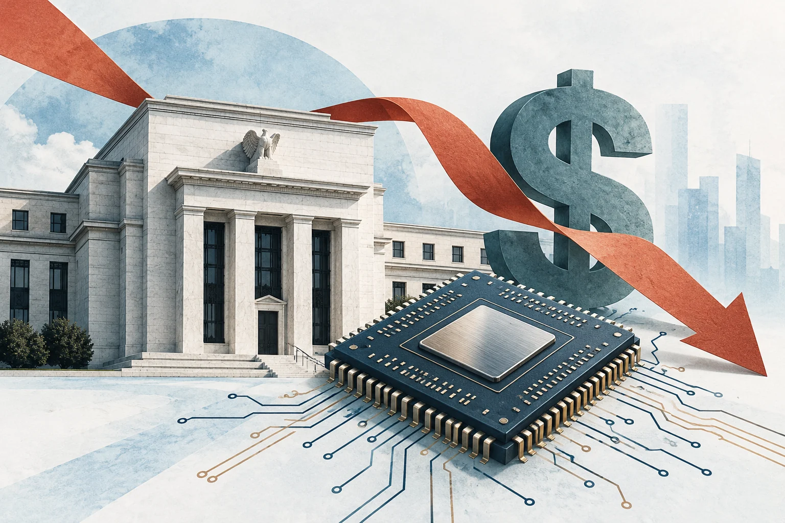 Conceptual editorial illustration of a central-bank-inspired building, semiconductor chip, dollar symbol and descending terracotta ribbon